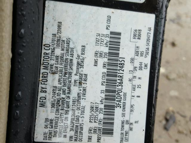 3FADP0L36AR124851 - 2010 FORD FUSION HYB BLACK photo 10