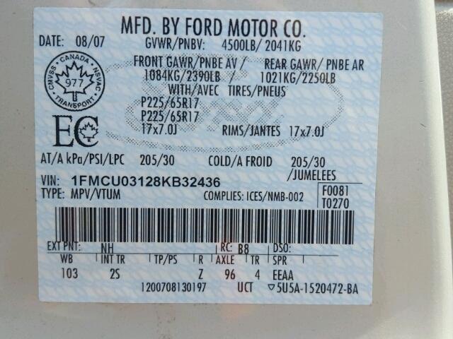 1FMCU03128KB32436 - 2008 FORD ESCAPE XLT BEIGE photo 10