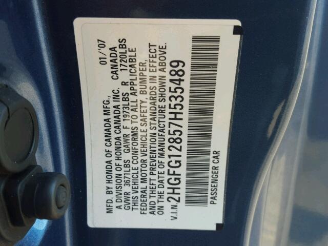 2HGFG12857H535489 - 2007 HONDA CIVIC EX ლურჯი ფოტო 10