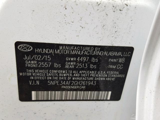 5NPE34AF2GH261943 - 2016 HYUNDAI SONATA SPO WHITE photo 10