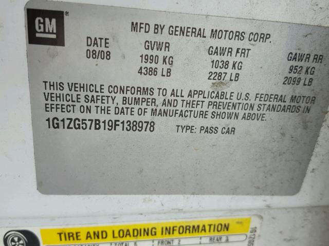 1G1ZG57B19F138978 - 2009 CHEVROLET MALIBU LS Ağ foto 10