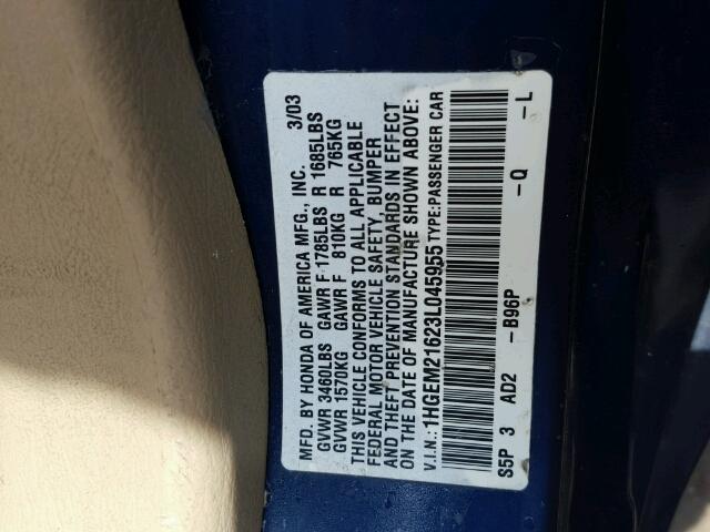 1HGEM21623L045955 - 2003 HONDA CIVIC LX Azul foto 10