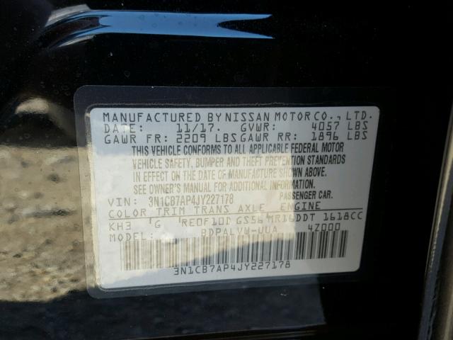 3N1CB7AP4JY227178 - 2018 NISSAN SENTRA SR BLACK photo 10