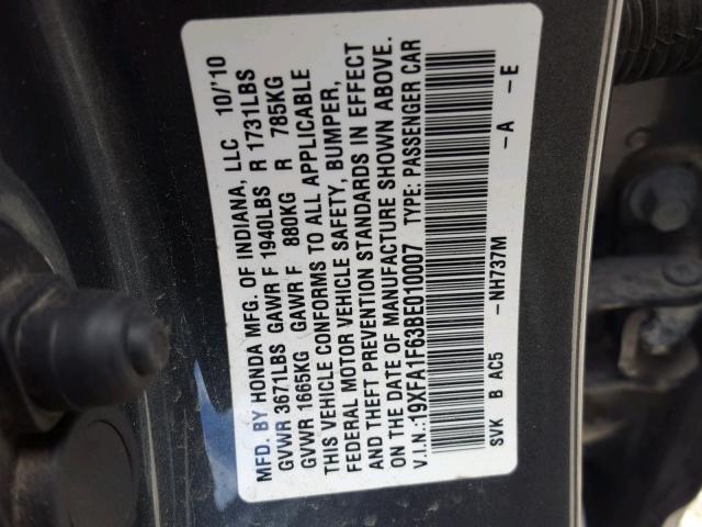 19XFA1F63BE010007 - 2011 HONDA CIVIC LX-S CHARCOAL photo 10