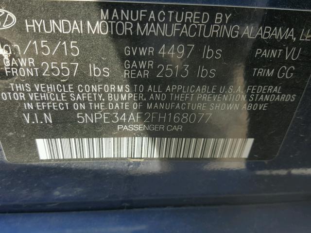 5NPE34AF2FH168077 - 2015 HYUNDAI SONATA SPO BLUE photo 10