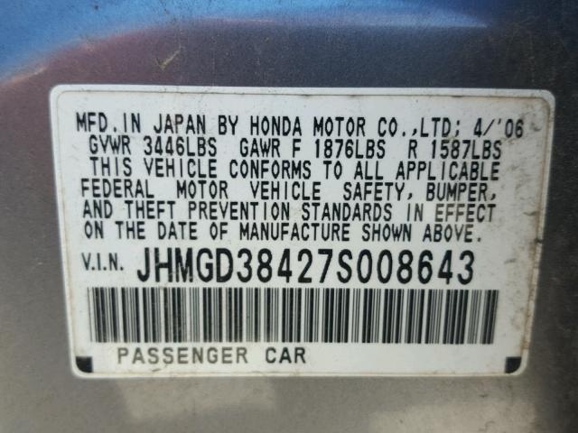 JHMGD38427S008643 - 2007 HONDA FIT SILVER photo 10