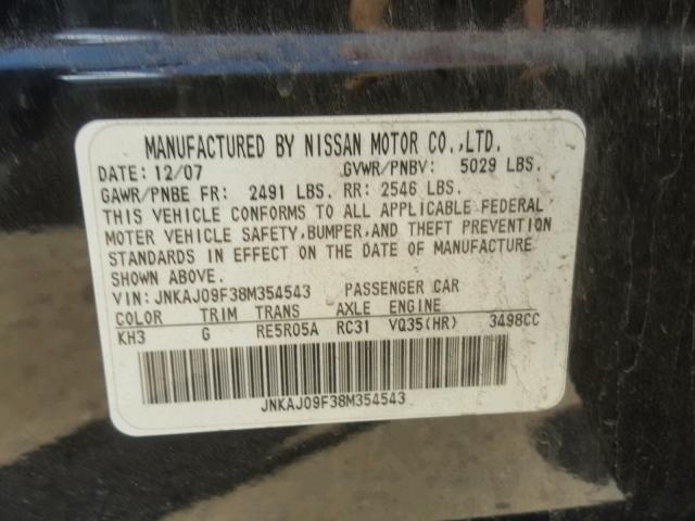 JNKAJ09F38M354543 - 2008 INFINITI EX35 BASE BLACK photo 10