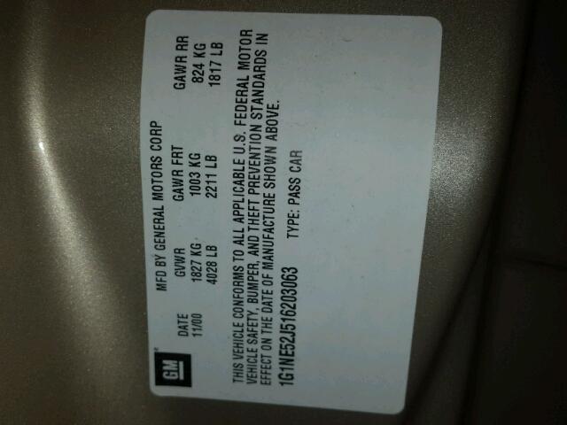 1G1NE52J516203063 - 2001 CHEVROLET MALIBU LS TAN photo 10