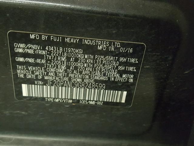 JF2GPANC9G8248599 - 2016 SUBARU CROSSTREK GRAY photo 10