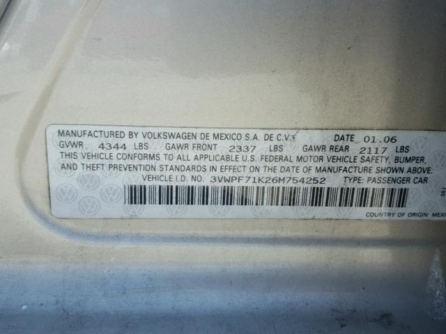 3VWPF71K26M754252 - 2006 VOLKSWAGEN JETTA VALU 棕色 照片 10