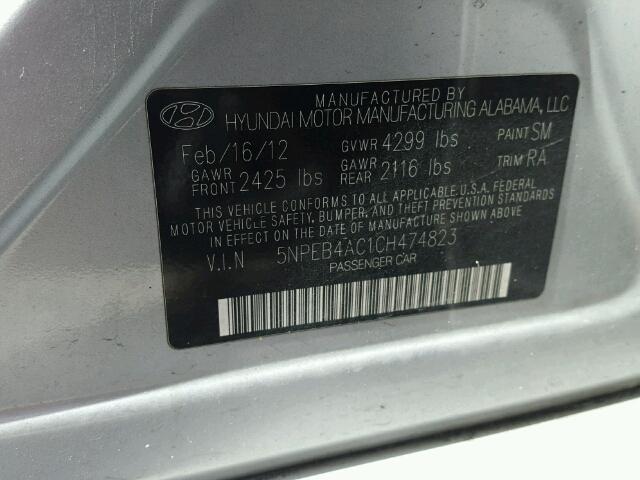 5NPEB4AC1CH474823 - 2012 HYUNDAI SONATA GLS SILVER photo 10