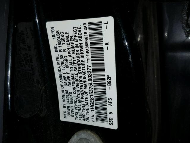 1HGES16375L003377 - 2005 HONDA CIVIC DX V BLACK photo 10