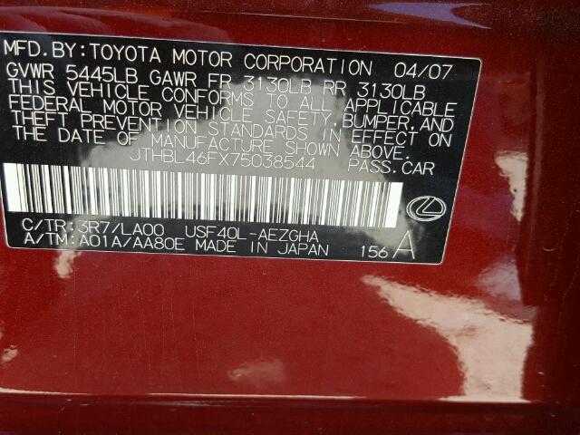 JTHBL46FX75038544 - 2007 LEXUS LS 460 MAROON photo 10