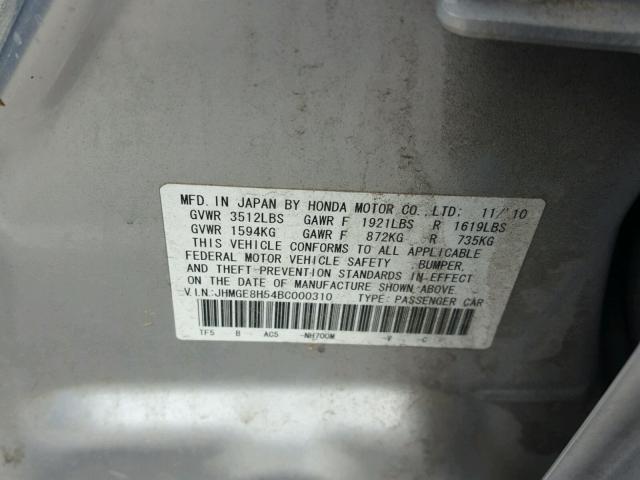 JHMGE8H54BC000310 - 2011 HONDA FIT SPORT SILVER photo 10