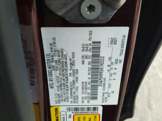 3FA6P0H99DR190353 - 2013 FORD FUSION MAROON photo 10