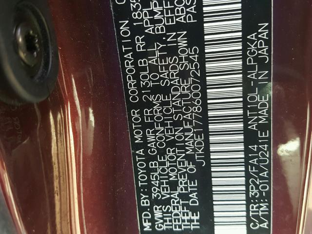 JTKDE177860072545 - 2006 TOYOTA SCION TC 勃艮第红 照片 10