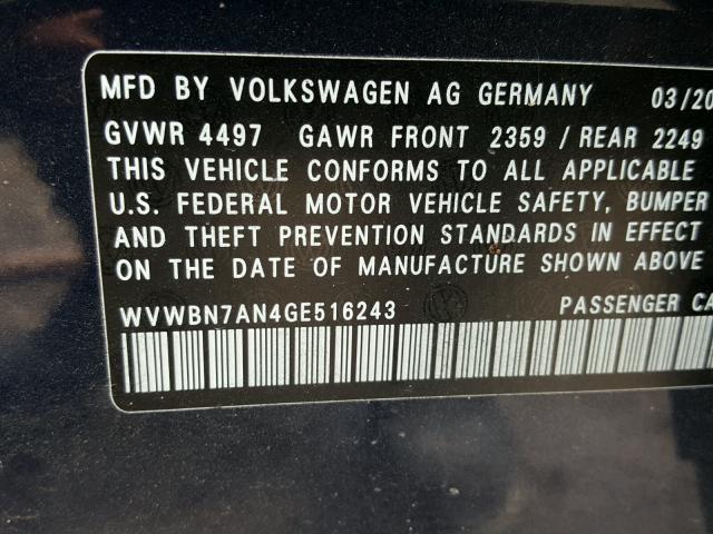 WVWBN7AN4GE516243 - 2016 VOLKSWAGEN CC BASE BLUE photo 10