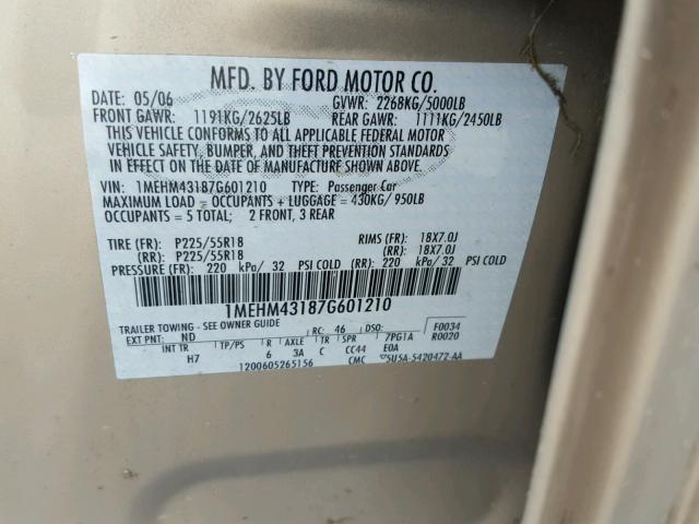 1MEHM43187G601210 - 2007 MERCURY MONTEGO PR 米色 照片 10