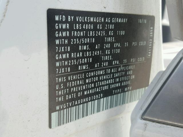 WVGTV7AX0HK010929 - 2017 VOLKSWAGEN TIGUAN SPO თეთრი ფოტო 10