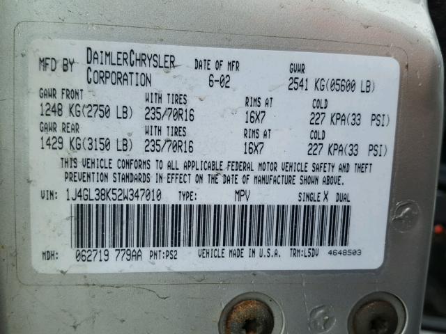 1J4GL38K52W347010 - 2002 JEEP LIBERTY RE SILVER photo 10