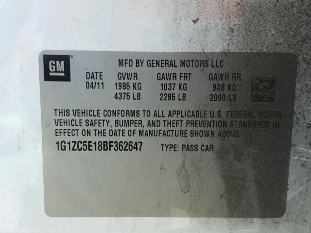 1G1ZC5E18BF362647 - 2011 CHEVROLET MALIBU 1LT 白色 照片 10