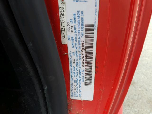 3VWCC21CXYM468980 - 2000 VOLKSWAGEN NEW BEETLE 红色 照片 10