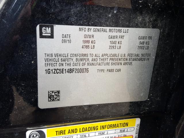 1G1ZC5E14BF200076 - 2011 CHEVROLET MALIBU 1LT BLACK photo 10