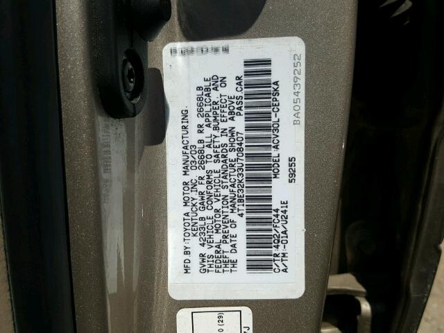 4T1BE32K33U708407 - 2003 TOYOTA CAMRY LE 棕色 照片 10