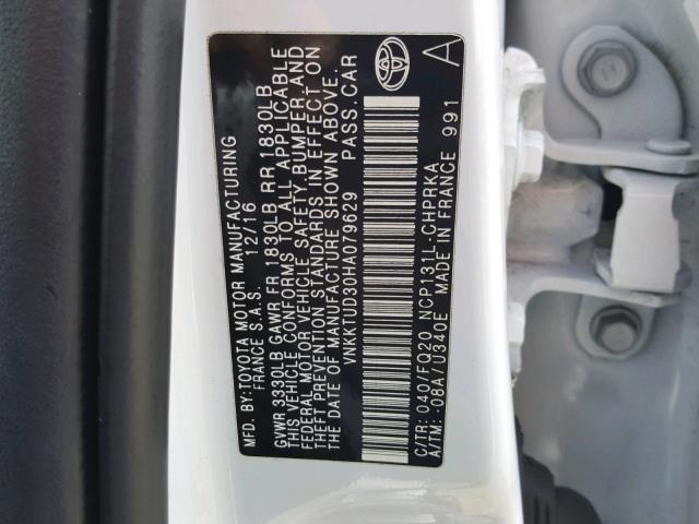 VNKKTUD30HA079629 - 2017 TOYOTA YARIS L WHITE photo 10