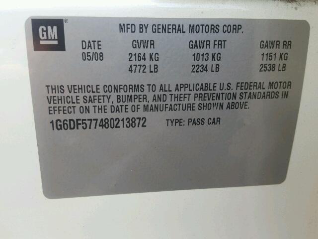 1G6DF577480213872 - 2008 CADILLAC CTS WHITE photo 10