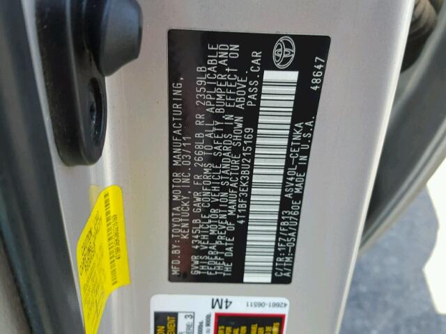 4T1BF3EK3BU215169 - 2011 TOYOTA CAMRY BASE SILVER photo 10