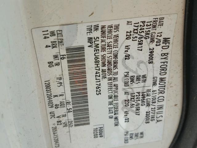 5LMEU68H74ZJ17625 - 2004 LINCOLN AVIATOR 白色 照片 10