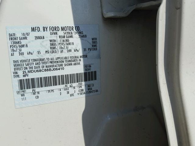 2LMDU68C88BJ06410 - 2008 LINCOLN MKX WHITE photo 10