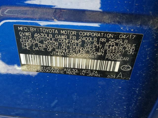 JTHBA1D22H5052461 - 2017 LEXUS IS 200T BLUE photo 10