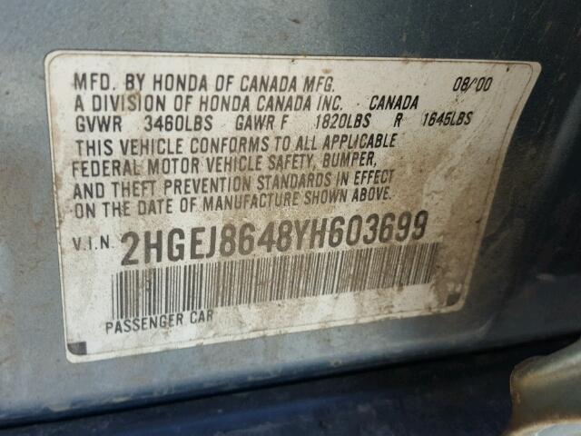 2HGEJ8648YH603699 - 2000 HONDA CIVIC EX BLUE photo 10