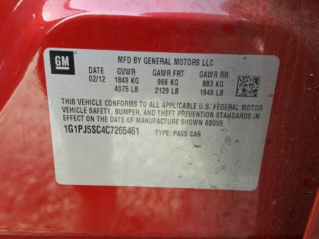 1G1PJ5SC4C7265461 - 2012 CHEVROLET CRUZE ECO RED photo 10