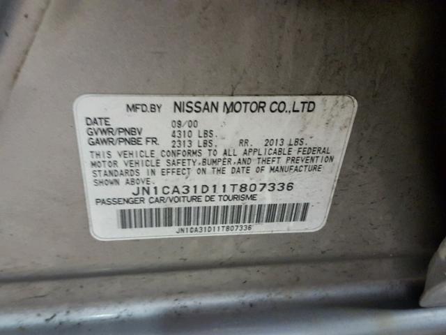 JN1CA31D11T807336 - 2001 NISSAN MAXIMA GXE GRAY photo 10