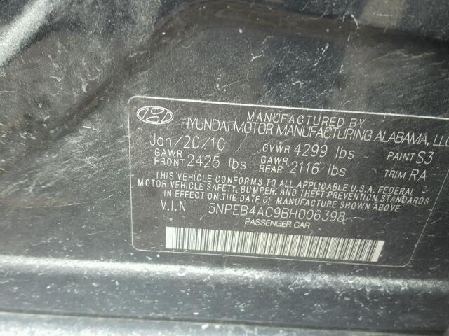 5NPEB4AC9BH006398 - 2011 HYUNDAI SONATA BLACK photo 10