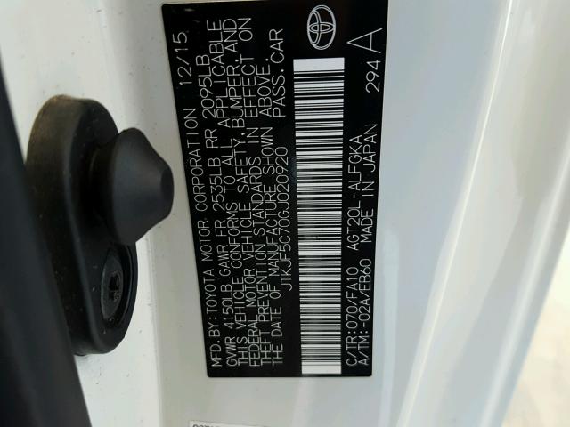 JTKJF5C70GJ020920 - 2016 TOYOTA SCION TC 白色 照片 10