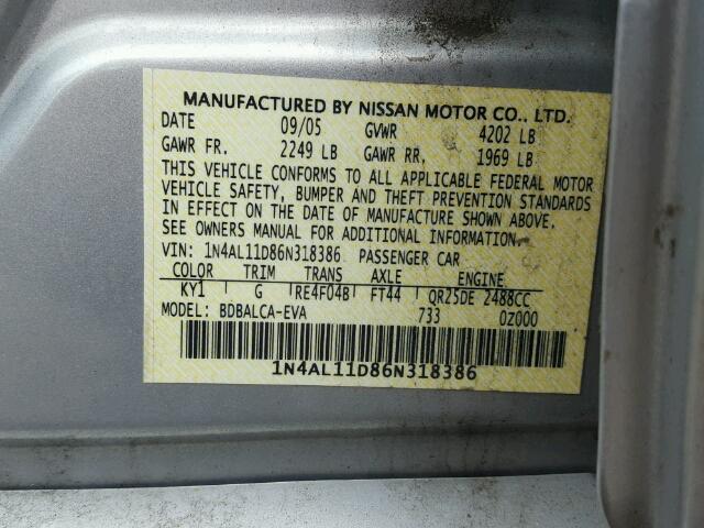 1N4AL11D86N318386 - 2006 NISSAN ALTIMA S SILVER photo 10