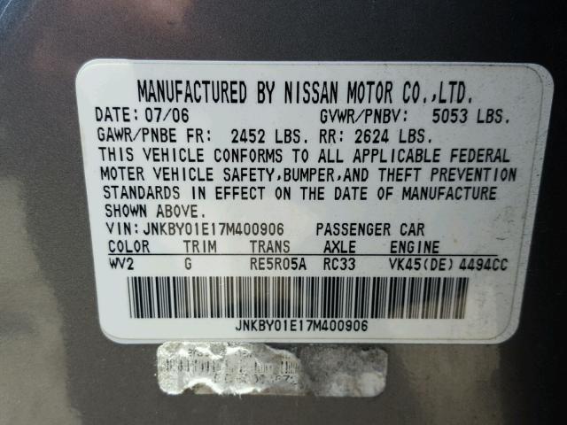 JNKBY01E17M400906 - 2007 INFINITI M45 BASE GRAY photo 10