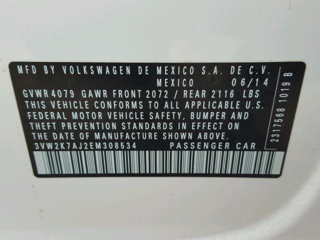 3VW2K7AJ2EM308534 - 2014 VOLKSWAGEN JETTA BASE Սպիտակ լուսանկար 10