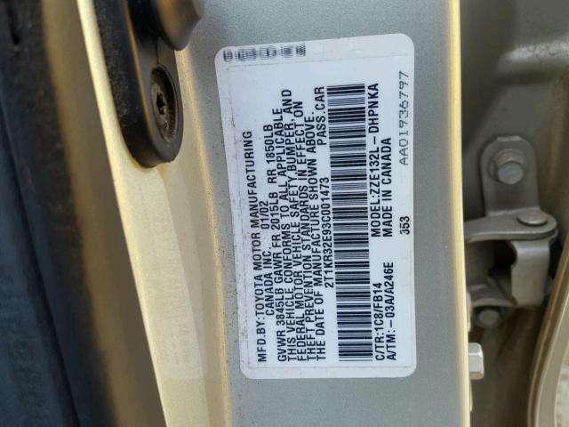 2T1KR32E93C001473 - 2003 TOYOTA COROLLA MA SILVER photo 10