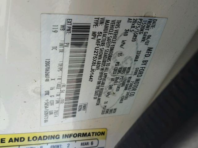 5LMFU275X8LJ01447 - 2008 LINCOLN NAVIGATOR WHITE photo 10