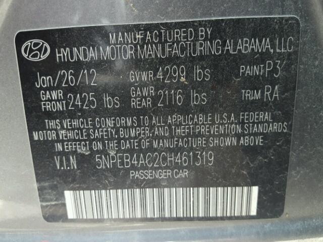 5NPEB4AC2CH461319 - 2012 HYUNDAI SONATA GLS GRAY photo 10