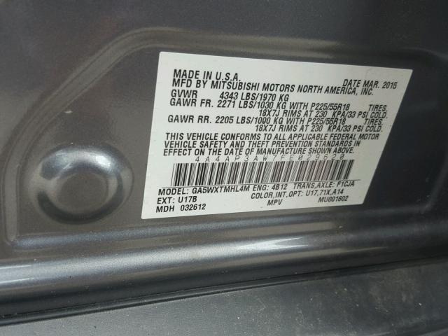 4A4AP3AW7FE029620 - 2015 MITSUBISHI OUTLANDER CHARCOAL photo 10