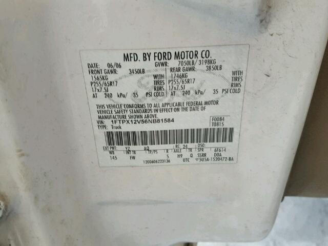 1FTPX12V56NB81584 - 2006 FORD F150 WHITE photo 10