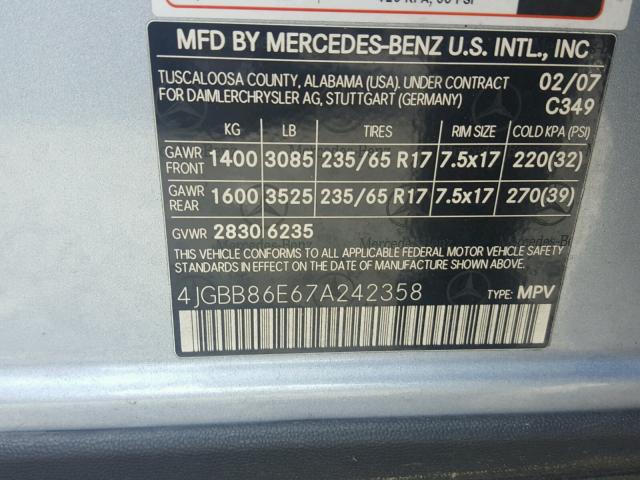 4JGBB86E67A242358 - 2007 MERCEDES-BENZ ML 350 BLUE photo 10