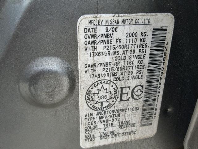 JN8BT08V86W211893 - 2006 NISSAN X-TRAIL XE GRAY photo 10