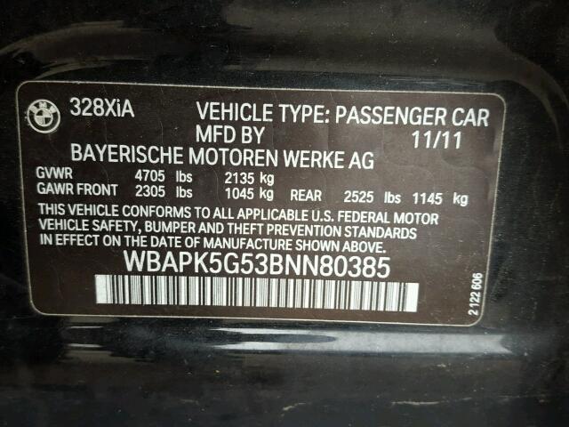 WBAPK5G53BNN80385 - 2011 BMW 328 XI SUL BLACK photo 10